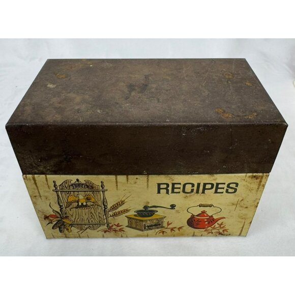 Vintage J. Chen & Co. Rustic Recipe Card Tin Box Retro Bicentennial Kitsch 1970s - Picture 1 of 10